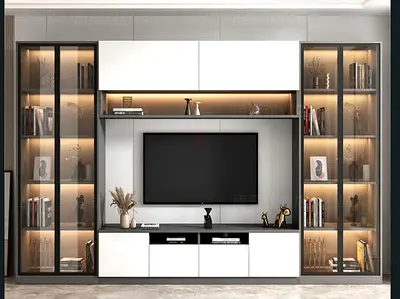 Modern Entertainment Center with Integrated Lighting and Display Cabinets