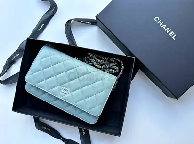 Chanel Classic Quilted Wallet on Chain - Light Blue Caviar Leather