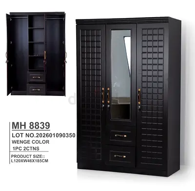 Wenge 3-Door Wardrobe with Mirror and Drawers - L120 x W46 x H185 cm