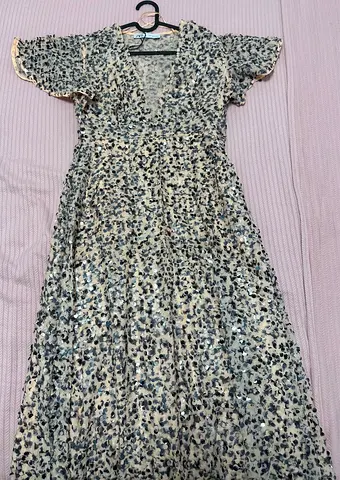 Zara Beige and Black Floral Maxi Dress — V-neck, Short Flutter Sleeves