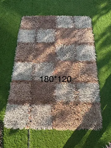 Beige & Cream Shaggy Checkered Rug 180x120 cm