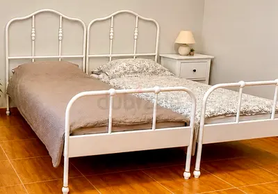 Pair of White Metal Single Beds with Nightstand - Good Condition
