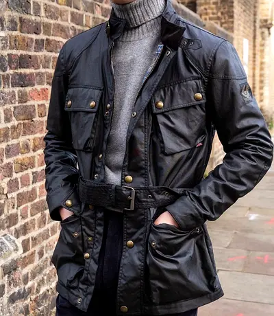 Men's Belstaff black waxed cotton belted field jacket - size L