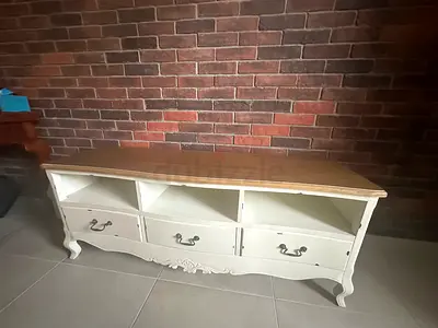Wooden TV Console / Entertainment Unit with Drawers - White & Oak Top