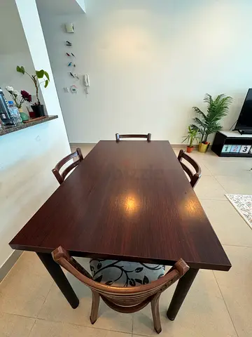Solid Wood and Iron Base Dining Table with 4 Chairs - Dark Finish