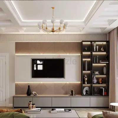 Modern Entertainment Center with Integrated Shelving and LED Lighting