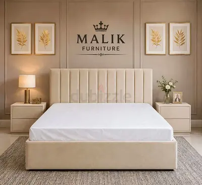 Brand New Beige Upholstered queen Bed with Vertical Channel Headboard