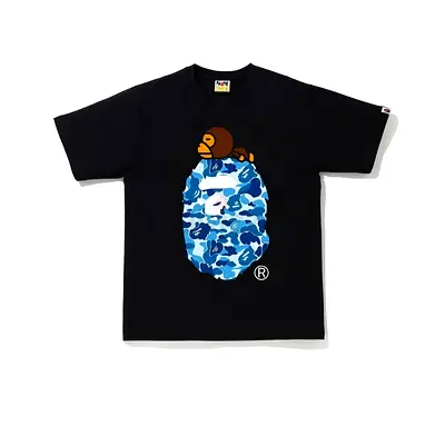 Black A Bathing Ape (BAPE) Graphic Tee with Blue Camo Ape Head