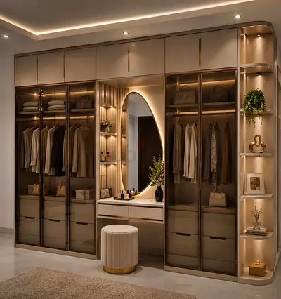 Modern Luxury Wardrobe and Vanity Set with Integrated Lighting