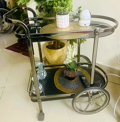 Vintage-style Two-tier Serving Trolley / Bar Cart - Metal Frame, Glass Shelves