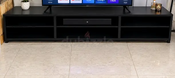 Low Black TV Entertainment Unit with Open Shelves - Solid Condition