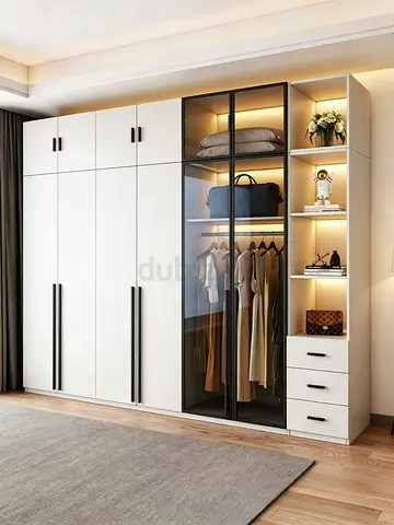 Modern White Wardrobe with Glass Display and Drawers