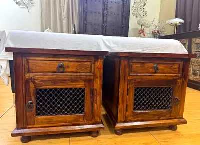 Solid Wood Pair of Rustic Nightstands with Metal Mesh Doors
