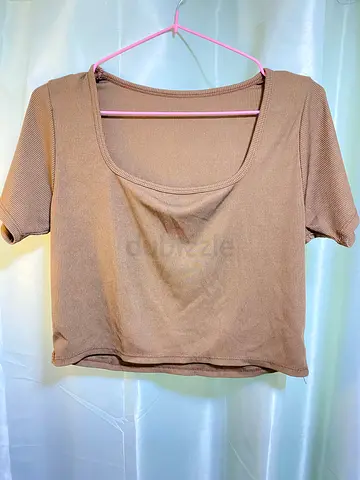 Womens Brown Ribbed Square Neck Crop Top