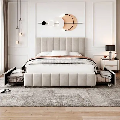 Queen Size 160×200 Drawer Storage Bed | Modern Velvet Upholstered Frame