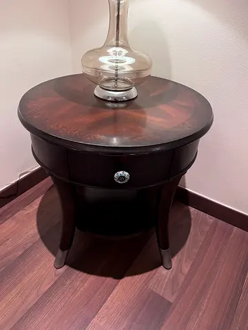 Pair Classic Round Wooden Side Tables with Drawers