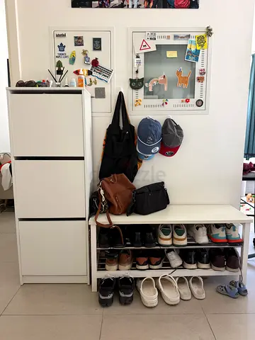 IKEA white shoe cabinet with shelving and wall hooks - good condition
