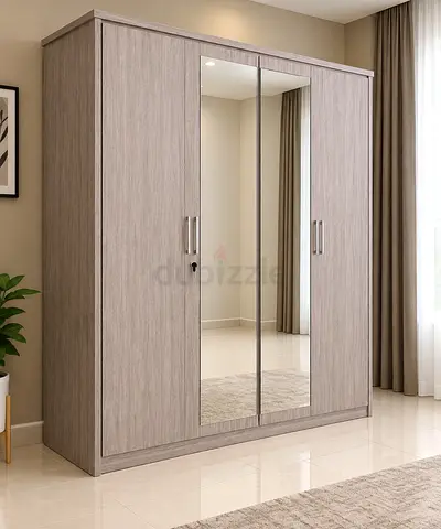 Modern 4-Door Wardrobe with Mirrors in Oak Finish
