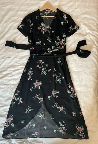 Black Floral Wrap Midi Dress with Belt - Size EU40 -UK10