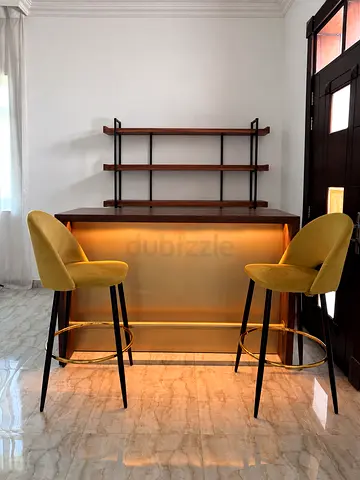 Home Bar Counter with Shelving and 2 Velvet Bar Stools (Yellow)