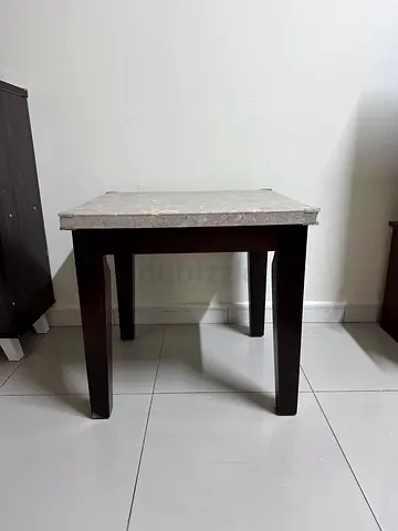 Sturdy Wood End Coffee Table with Marble Pattern Top and Single seater sofa