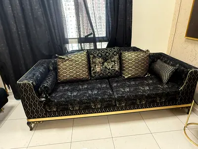 Black Velvet 3-Seater Sofa with Gold Trim - Good Condition + 2 single black chairs