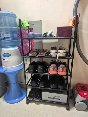 Compact Strong Plastic Washable Shoe Rack Organizer - 4 Tier, Holds 12+ Pairs,  with Wheels.