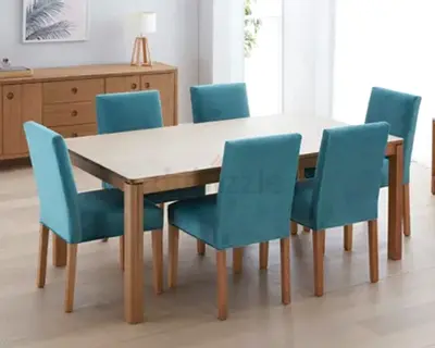 Wooden Dining Table with 6 Teal Fabric Chairs - Good Condition