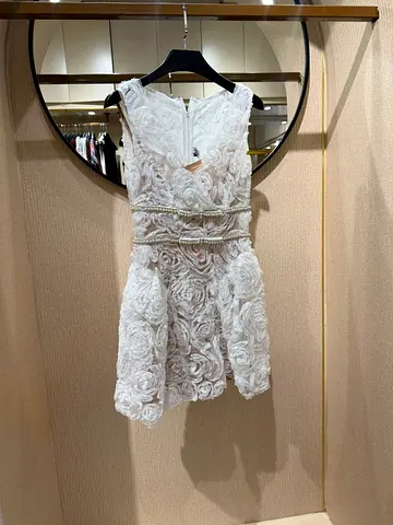 White floral textured mini dress with beaded waist - size unknown