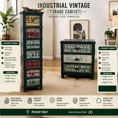 Industrial Vintage Wooden Storage Cabinets - 3 & 6 Drawer Set