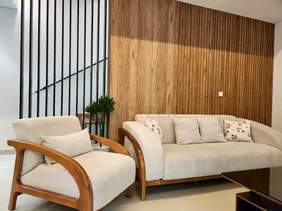 Beige 3-Seater Sofa with Wooden frame  brand MK KABANI