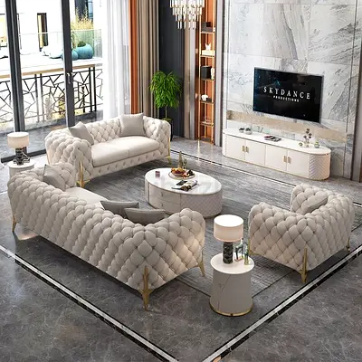 Modern Quilted 3-Seater Sofa Set with Accent Chairs  - Light Beige
