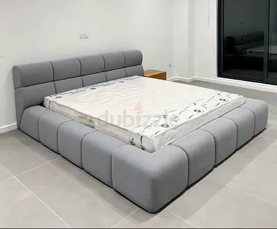 Modern Low-Profile Grey Upholstered Platform Bed