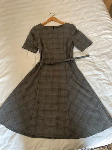 Grey checked fit-and-flare midi dress with belt, size M