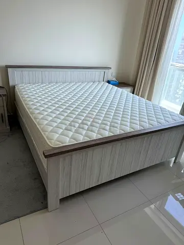 Queen wooden bedroom set with englander mattress - light grey, excellent condition