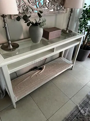 White Console Table with Glass Top and Lower Shelf - Good Condition