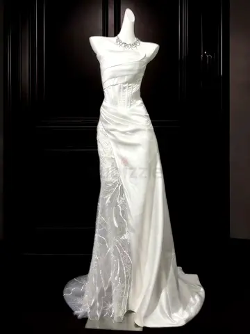 Elegant Strapless Satin Wedding Dress with Lace Detail