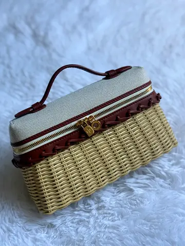 Woven Rattan Vanity Case with Leather Trim and Top Handle