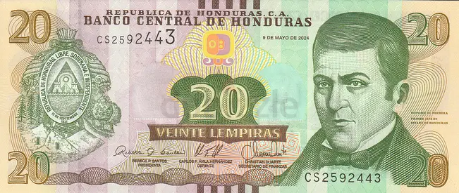 HONDURAS 20 LEMPIRAS BANKNOTE 2024