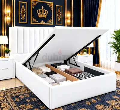 New White Upholstered hydraulic Storage Bed queen size bed with Hydraulic bed Lift queen bed