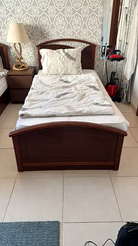 Single wooden bed frame with matching nightstand and mattress - good condition