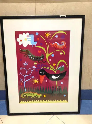 Framed Colorful Folk-Art Bird & Animals Print. Wall Hanging. AED 195 Only. Hurry!