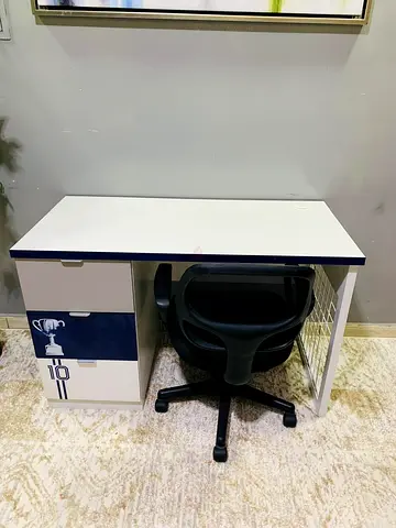 White & Navy Kids Study Desk with 3 Drawers and Chair