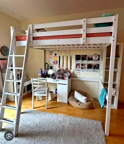 White wooden loft bed with desk and storage - used, good condition