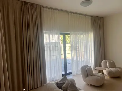 7 Pair of double-layer curtains with sheer and blackout panels - beige, 7 months old. 350 cm height