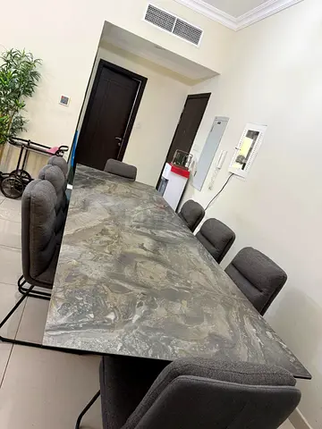 Large Marble-Top Dining Table with 8 Upholstered Chairs (Table Top Adjustable)