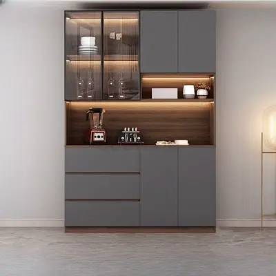 Modern Grey and Wood Finish Kitchen Cabinet with Integrated Lighting