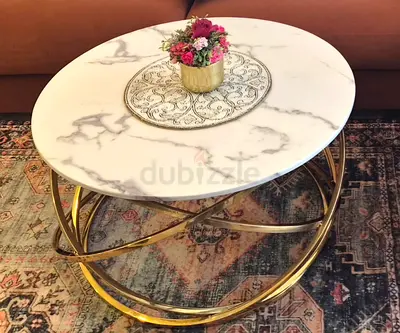 Round Marble-Top Coffee Table with Gold Metal Base