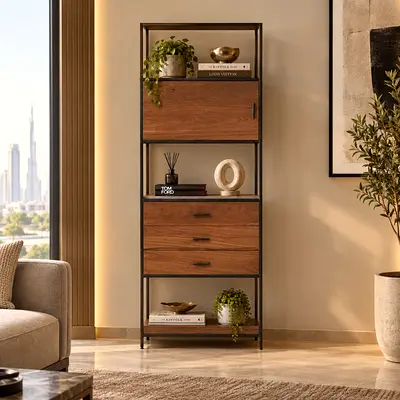 Crate & Barrel Tall Wood & Metal Storage Cabinet with Drawers and Shelves