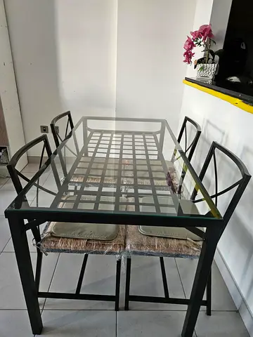 Glass Top Dining Table with 4 Chairs - Black Metal Frame